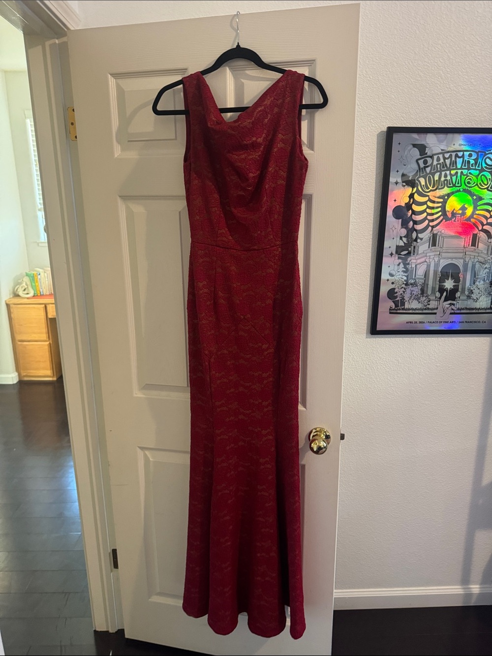 Sleeveless Red Lace Maxi Dress with Cowl Neck